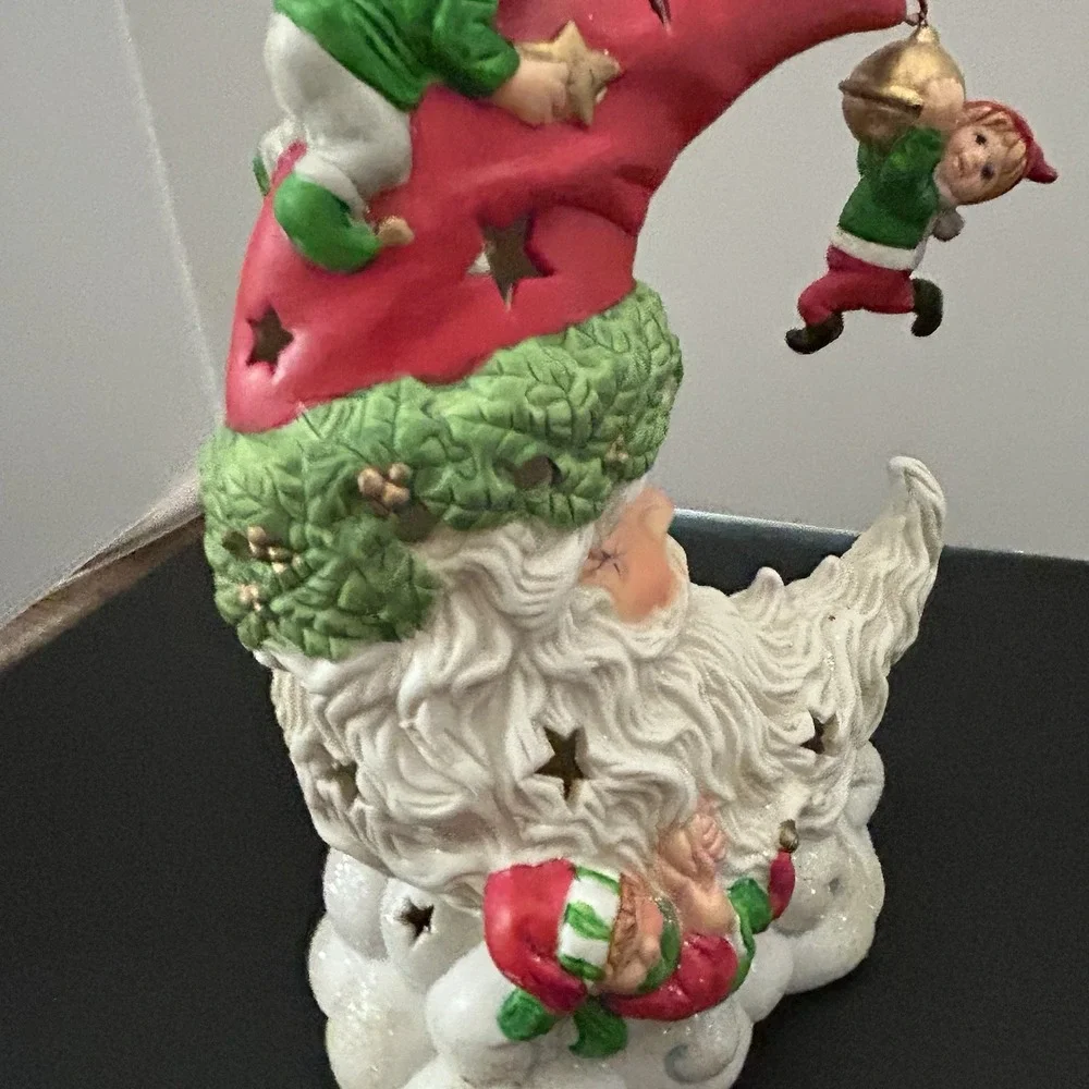 Light Up Ceramic Santa Moon Face With Elves‎ Christmas Decor Star Cutout